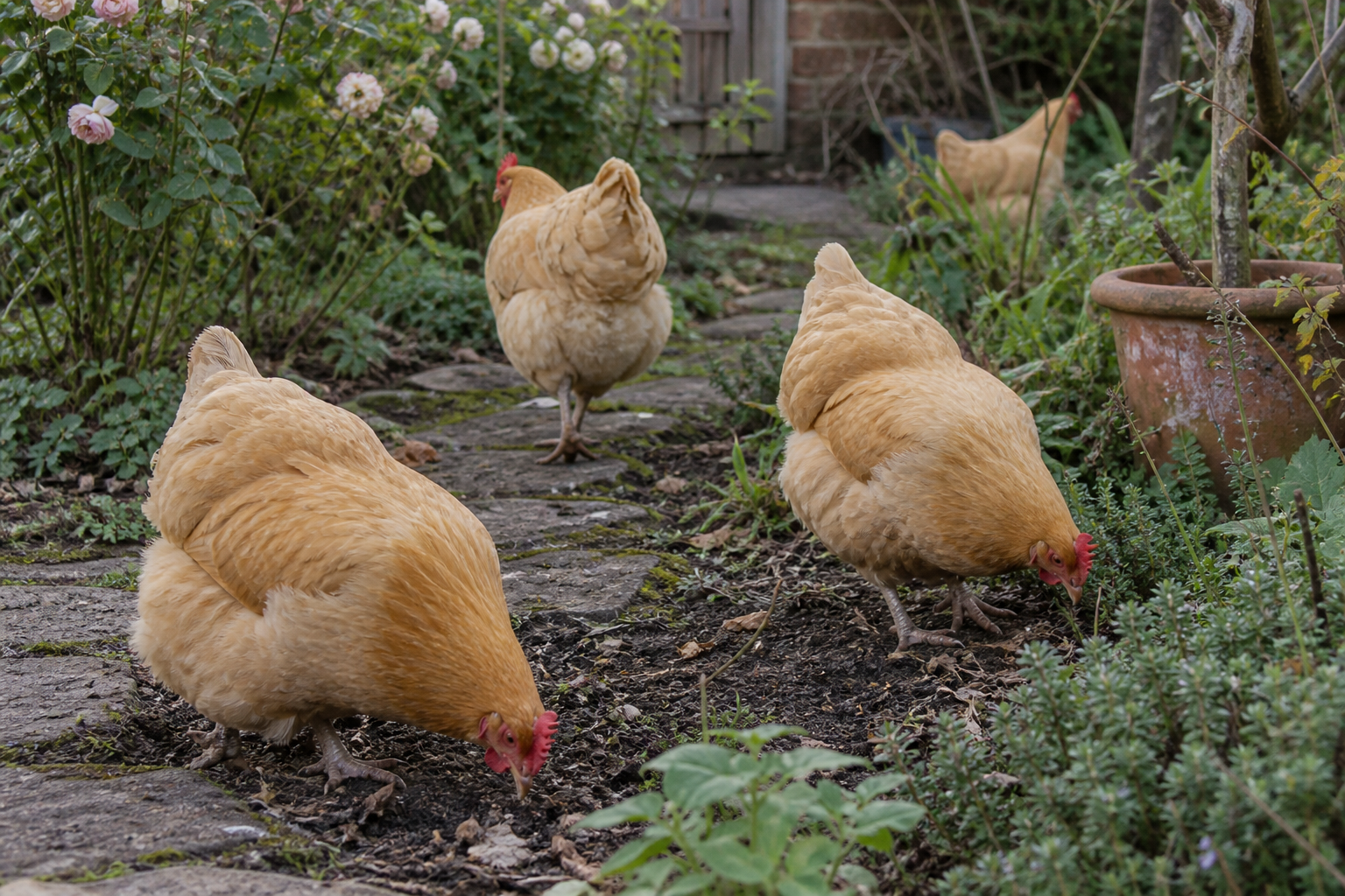 Golden Buff Orpington chickens walking beside a garden path