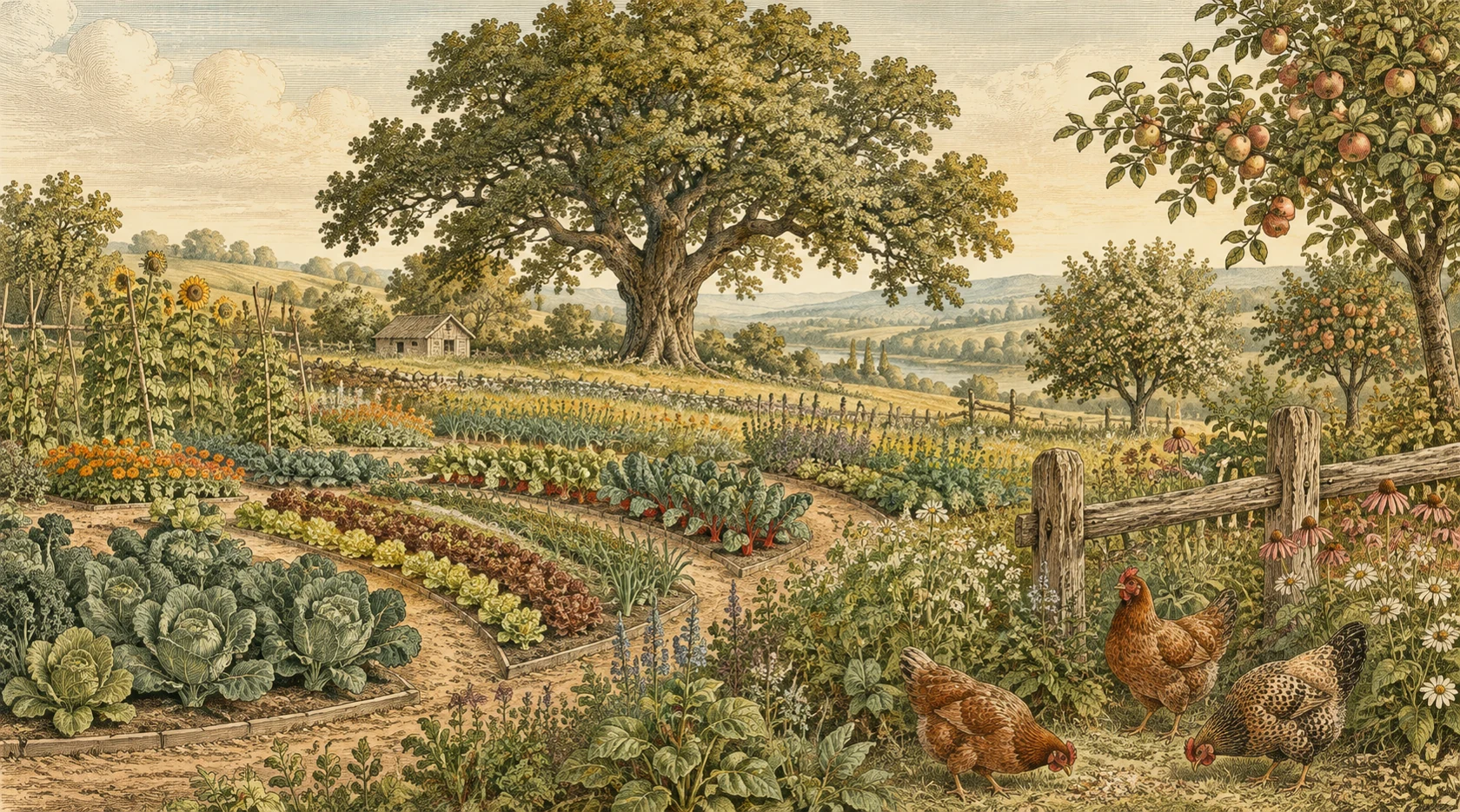 An illustrated vision of farm life: garden beds beneath an oak tree, fruit trees and hens