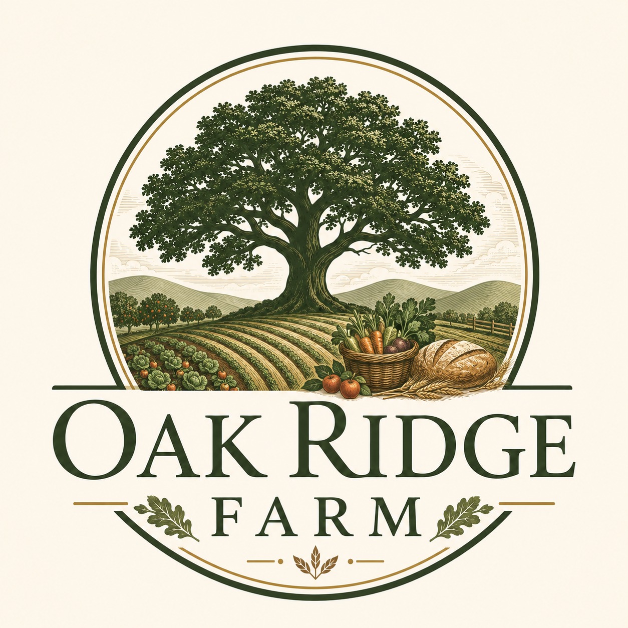 The Oak Ridge Farm logo, showing our oak tree and market garden